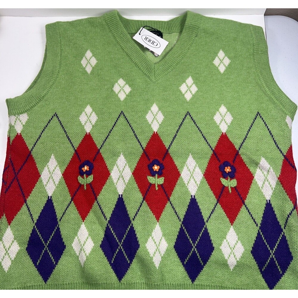 Cider Green Flower Argyle Vest NWT XL Fits Like 2XL Preppy Timeless College core
